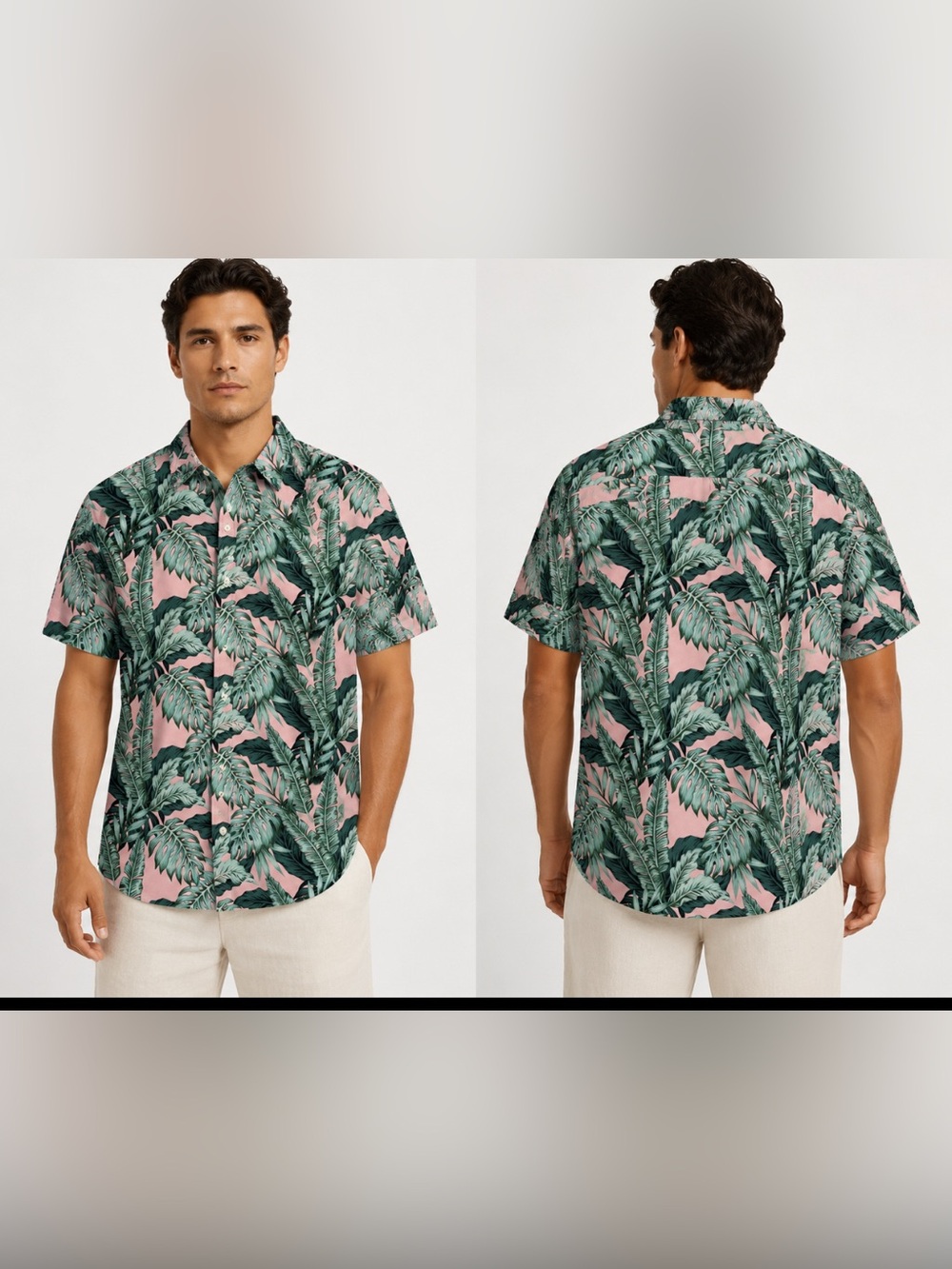 Cotton & Co Men’s Tropical Hawaiian Button Up Shirt XL Pink Green Palm Leaf